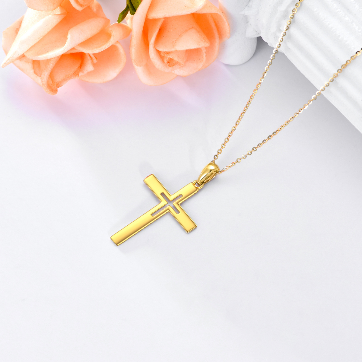 Colar de cruz de ouro 9K como presente com corrente para mulheres, esposas e meninas-4