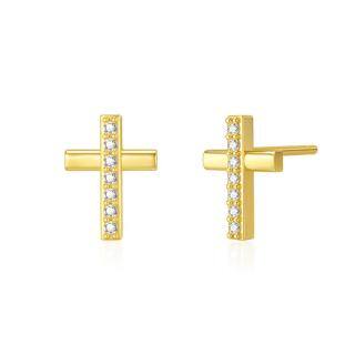 9K Gold Cubic Zirconia Cross Stud Earrings-33