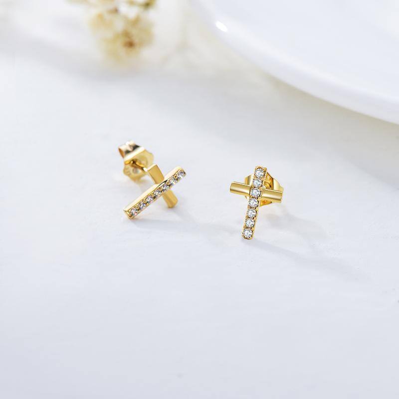 9K Gold Cubic Zirconia Cross Stud Earrings-2