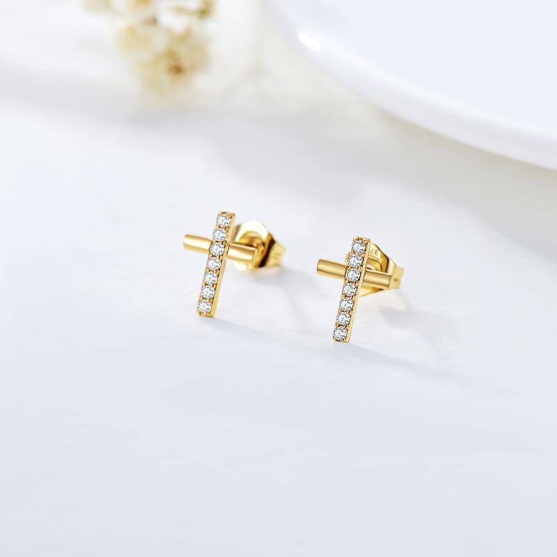 9K Gold Cubic Zirconia Cross Stud Earrings-3