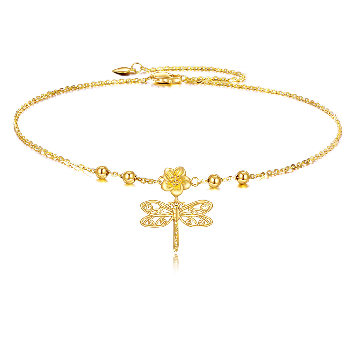 Fußkettchen mit Libellen- und Blumenmotiv, Gold 9 Karat, einlagig, Charm für Damen-1