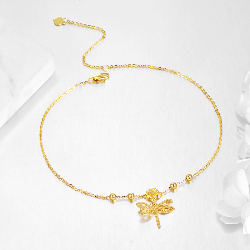 9K Gold Dragonfly & Flowers Single Layer Charm Anklet for Women-2