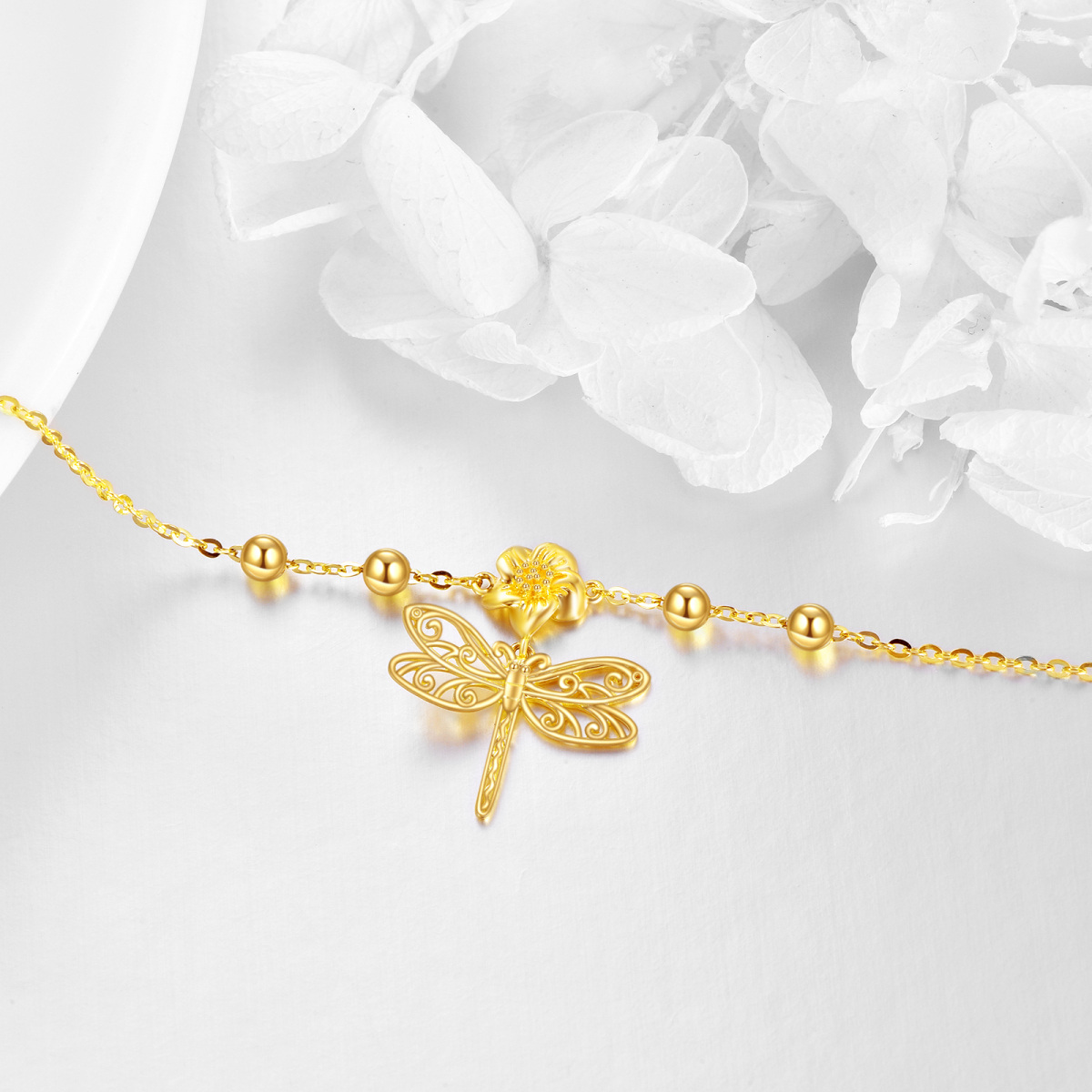 Fußkettchen mit Libellen- und Blumenmotiv, Gold 9 Karat, einlagig, Charm für Damen-3