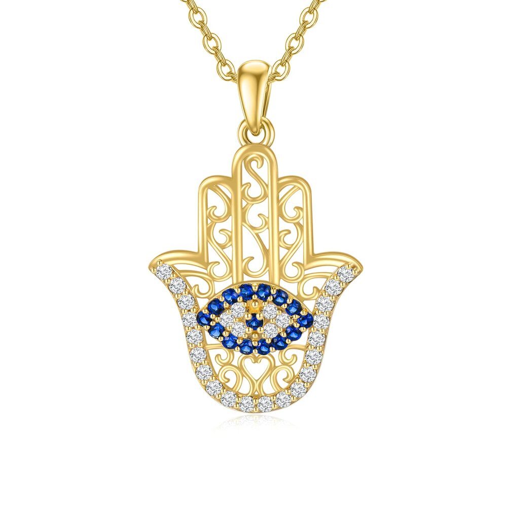 Collana con ciondolo a forma di occhio maligno e mano Hamsa in oro 9K con zirconia cubica-1