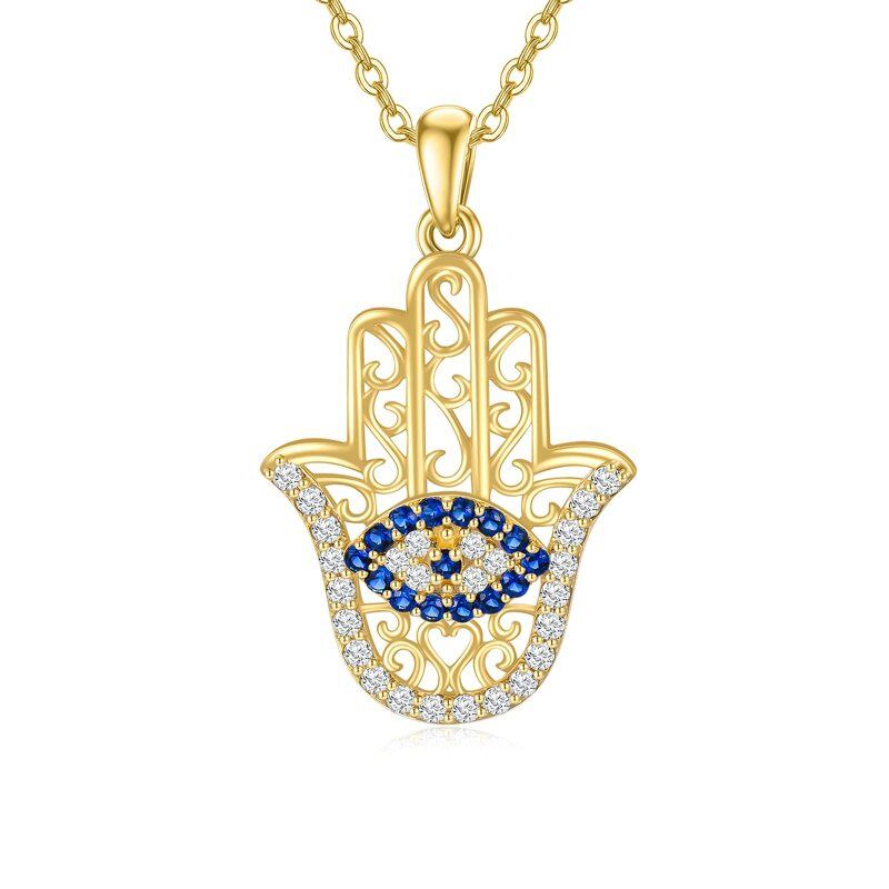 9-karatowy złoty naszyjnik z cyrkoniami Evil Eye & Hamsa Hand Pendant