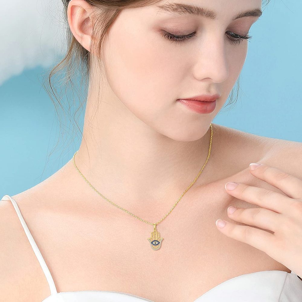 Collana con ciondolo a forma di occhio maligno e mano Hamsa in oro 9K con zirconia cubica-2
