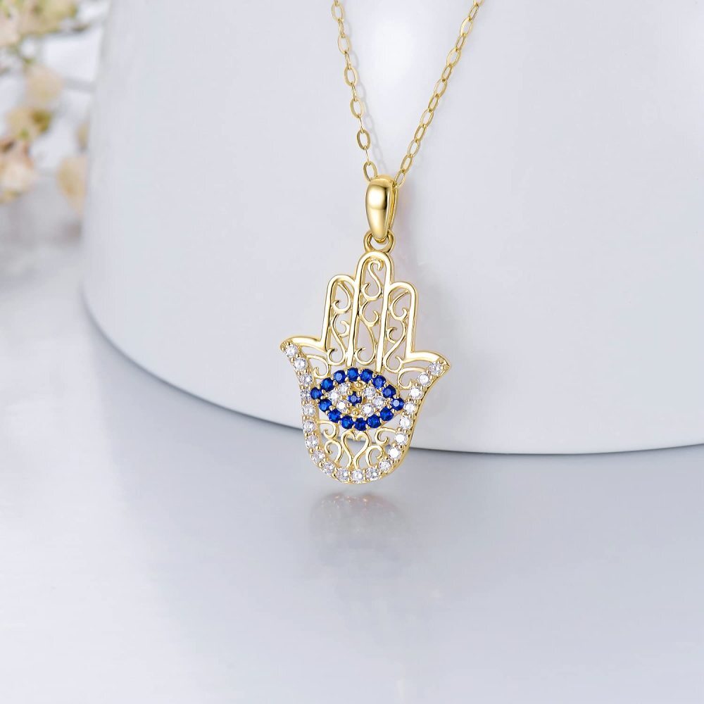 Collana con ciondolo a forma di occhio maligno e mano Hamsa in oro 9K con zirconia cubica-3