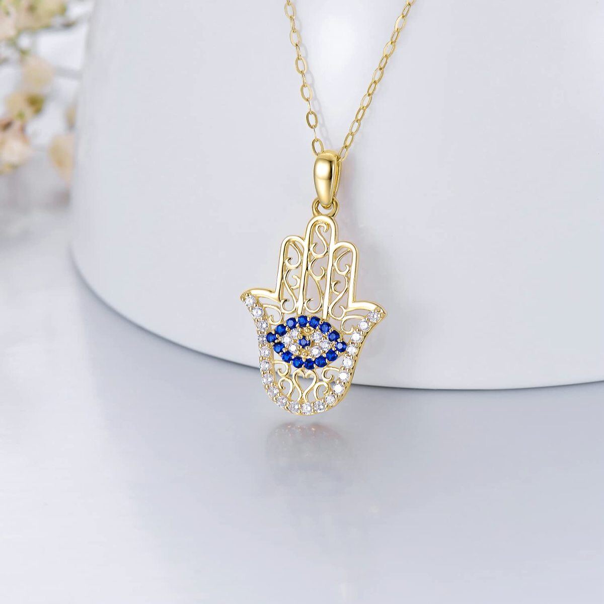 Collier en or 9K à zircon cubique avec pendentif Oeil maléfique et main Hamsa-3