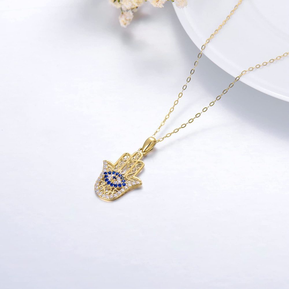 Collana con ciondolo a forma di occhio maligno e mano Hamsa in oro 9K con zirconia cubica-4