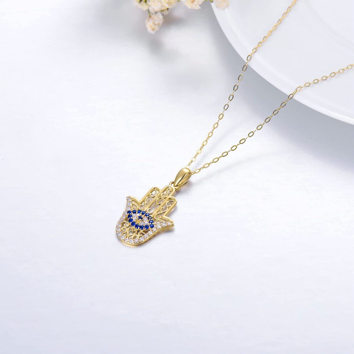 Collier en or 9K à zircon cubique avec pendentif Oeil maléfique et main Hamsa-4