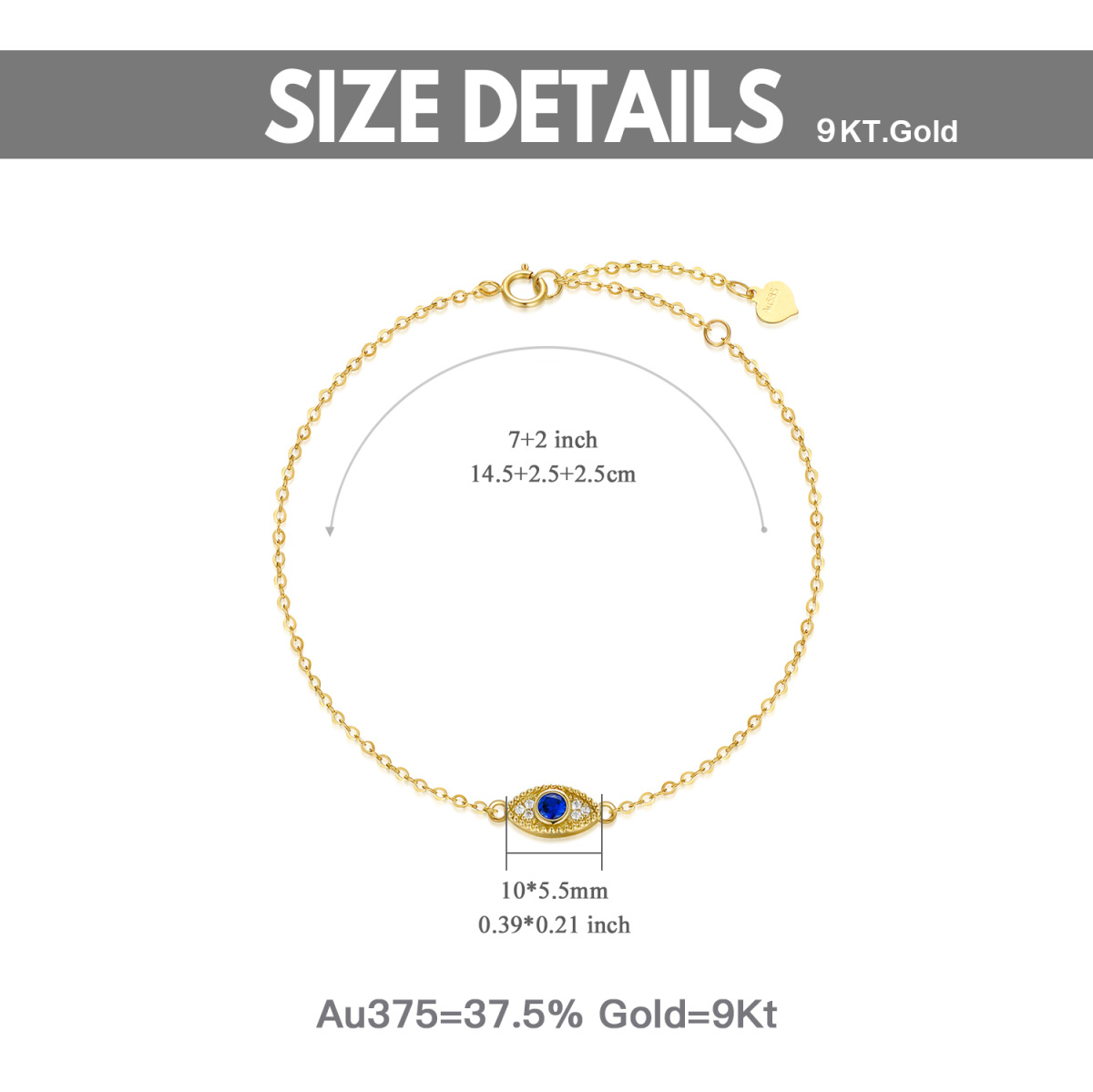 9K Gold Cubic Zirconia Evil Eye Charm Bracelet-6