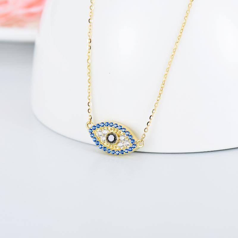 9K Gold Cubic Zirconia Evil Eye Pendant Necklace-3