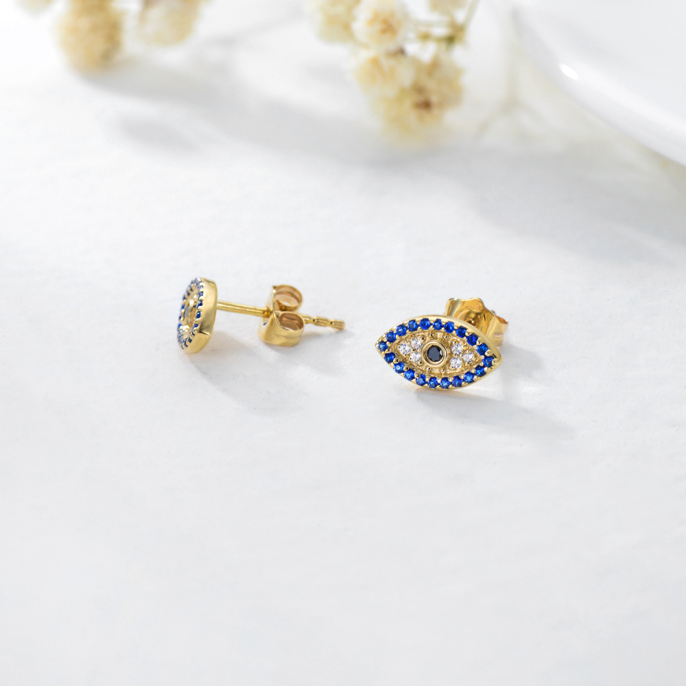 Brincos de pino com zircónias cúbicas de ouro 9K e olho grego-3