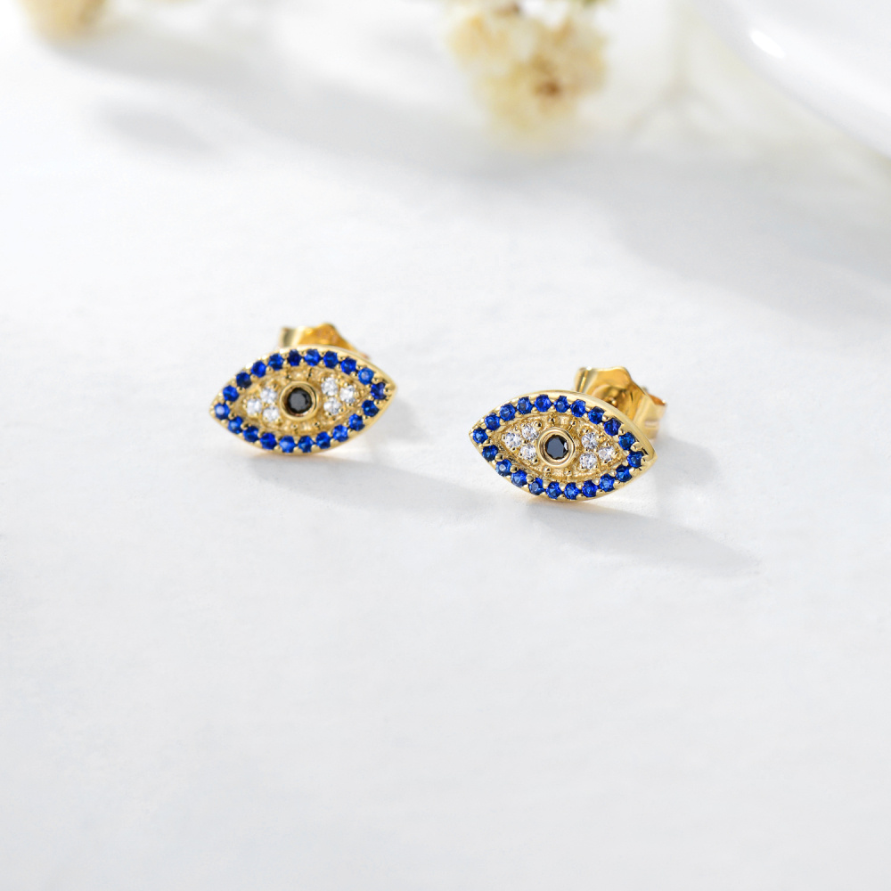 Brincos de pino com zircónias cúbicas de ouro 9K e olho grego-4