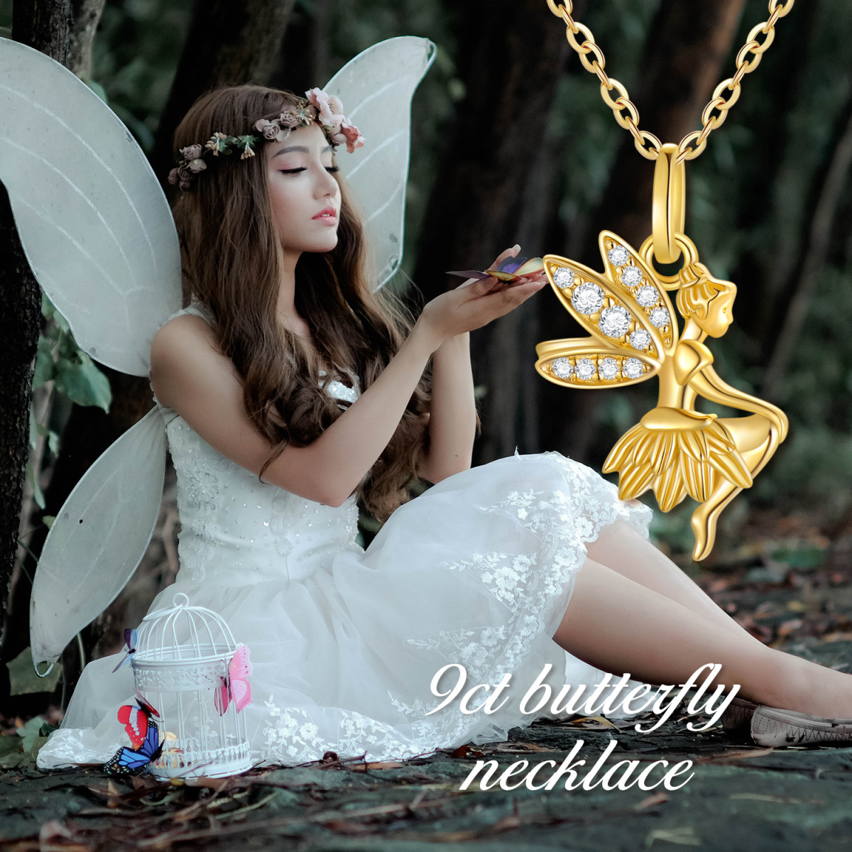 9K Gold Cubic Zirconia Fairy Pendant Necklace-5