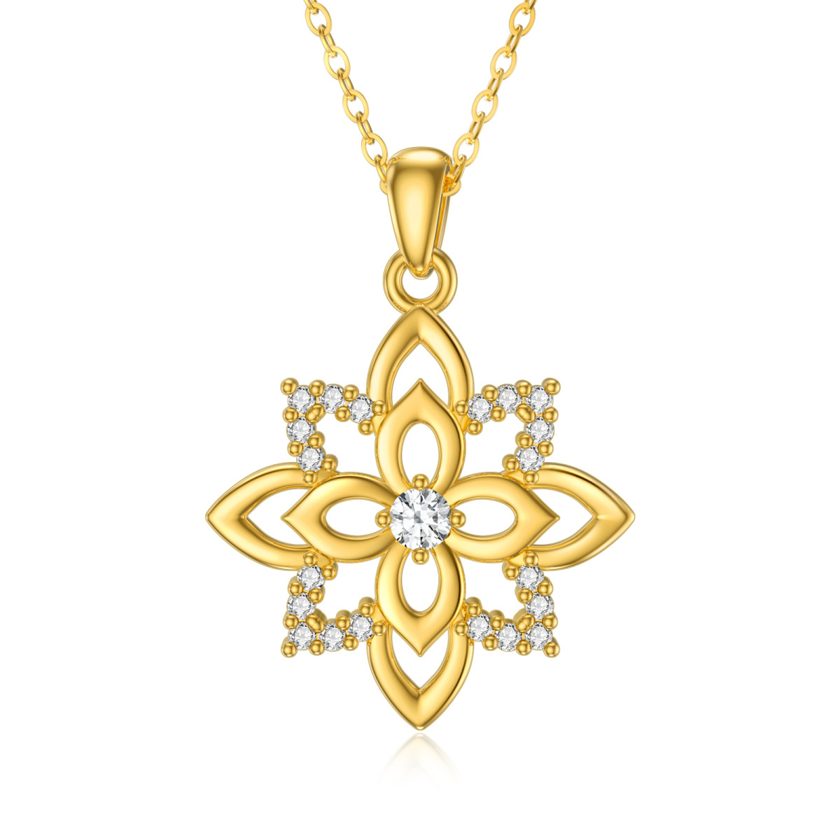 9K Gold Cubic Zirconia Four Leaf Clover & Lotus Pendant Necklace-1