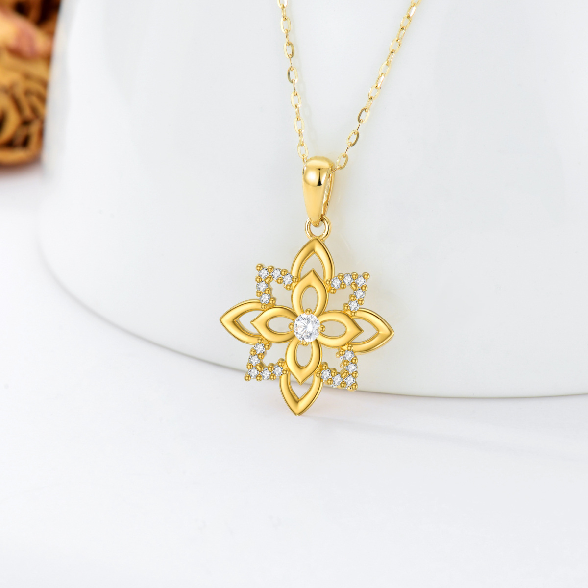 9K Gold Cubic Zirconia Four Leaf Clover & Lotus Pendant Necklace-3