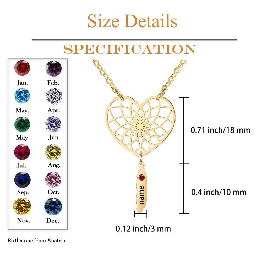 Collana con ciondolo a forma di cuore in oro 9K con acchiappasogni e nome personalizzato per donna-3