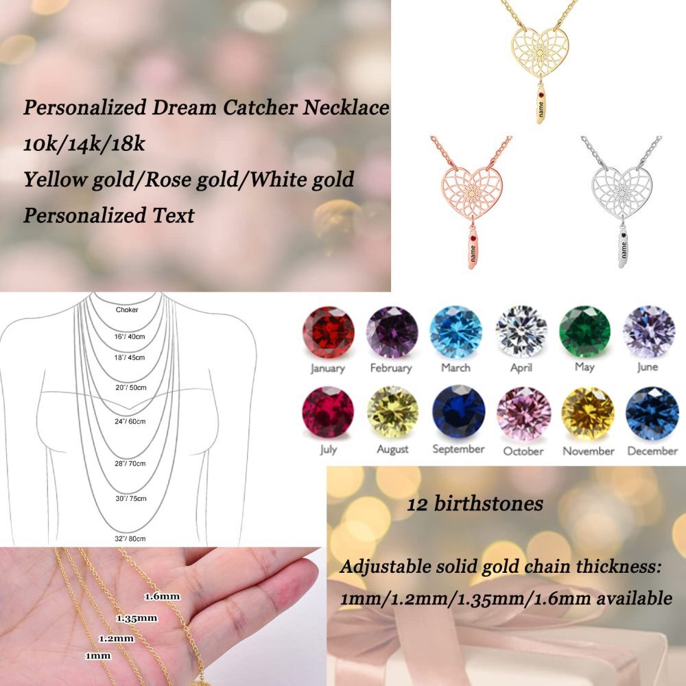 Collana con ciondolo a forma di cuore in oro 9K con acchiappasogni e nome personalizzato per donna-5