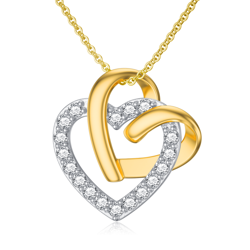 9K Gold Two Tone Cubic Zirconia Heart With Heart Pendant Necklace For Women-17