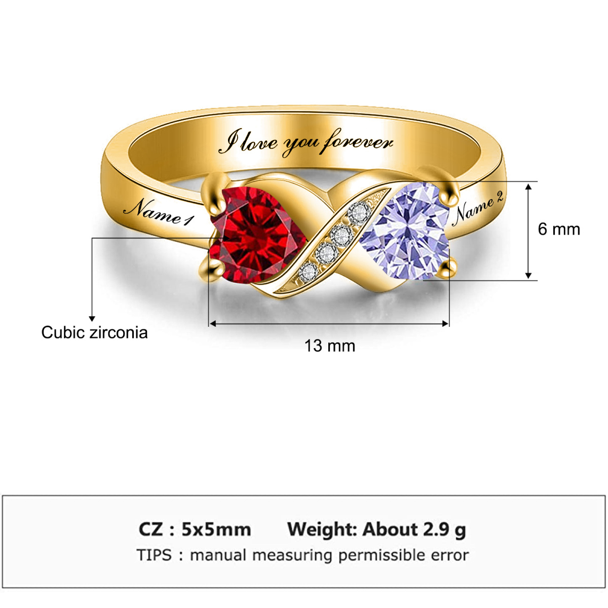 9K Gold Herz Zirkonia Personalisierter Geburtsstein-Gravurring-4