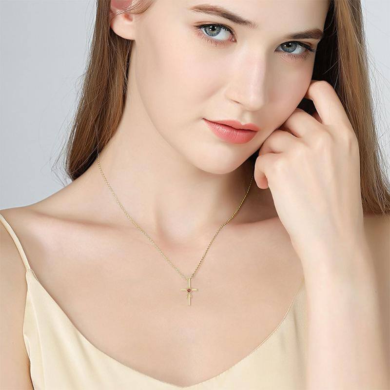 9K Gold Heart Cubic Zirconia Cross & Interlocking Hearts Pendant Necklace For Women-2