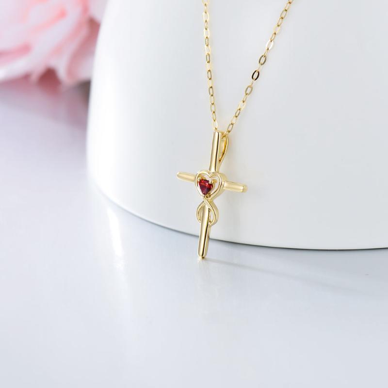 9K Gold Heart Cubic Zirconia Cross & Interlocking Hearts Pendant Necklace For Women-3