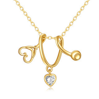 9K Gold Heart Zircon Stethoscope Pendant Necklace-10