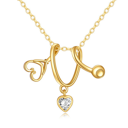 9K Gold Heart Zircon Stethoscope Pendant Necklace