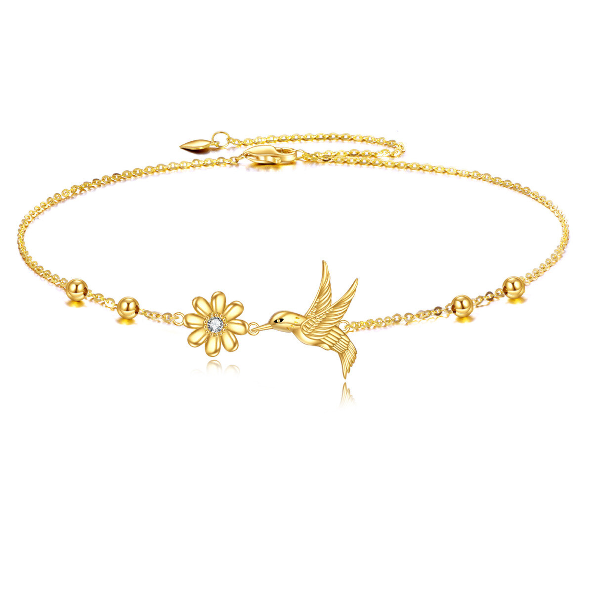 9K Gold Cubic Zirconia Hummingbird & Daisy Bead Charm Bracelet For Women-1