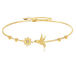 9K Gold Cubic Zirconia Hummingbird & Daisy Bead Charm Bracelet For Women-16