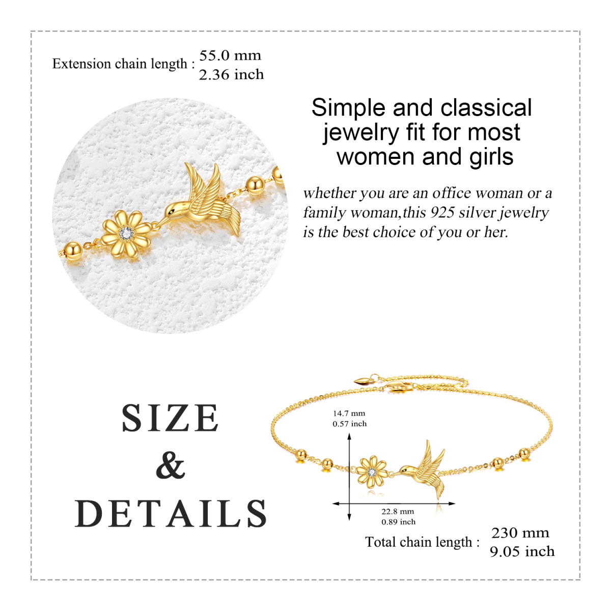 9K Gold Cubic Zirconia Hummingbird & Daisy Bead Charm Bracelet For Women-6