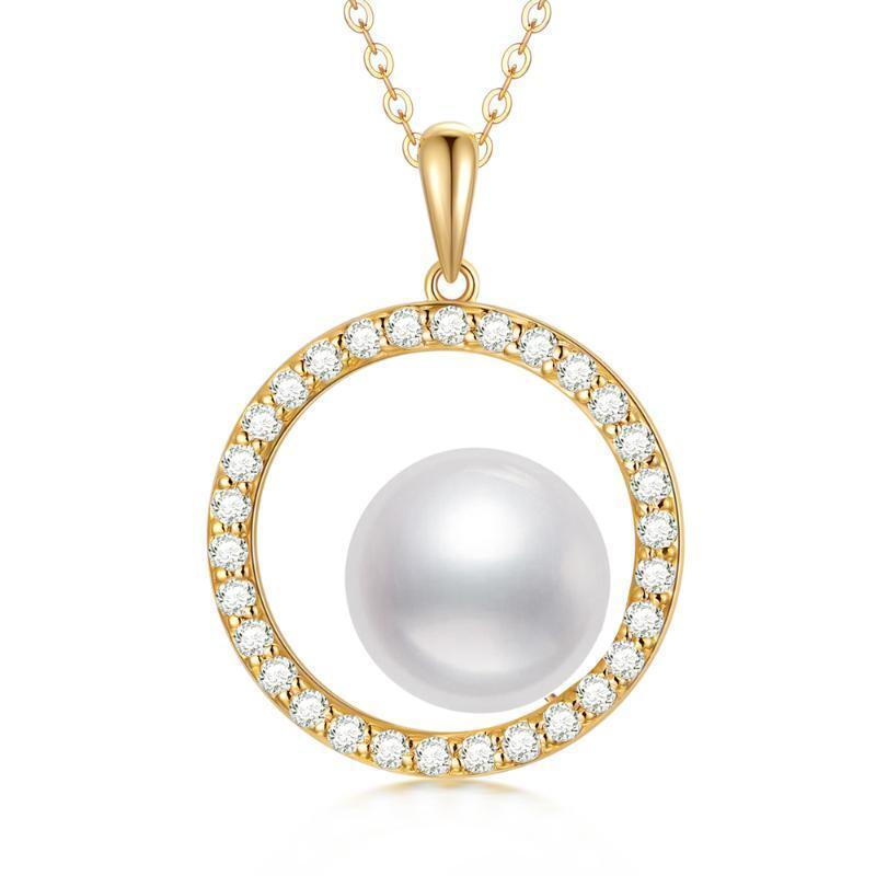 Collana con ciondolo a cerchio in oro 9K con moissanite e perle-1