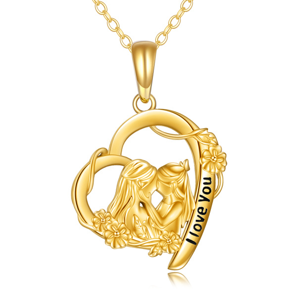 9K Gold Mother Daughter Heart Pendant Necklace with Engraved Word