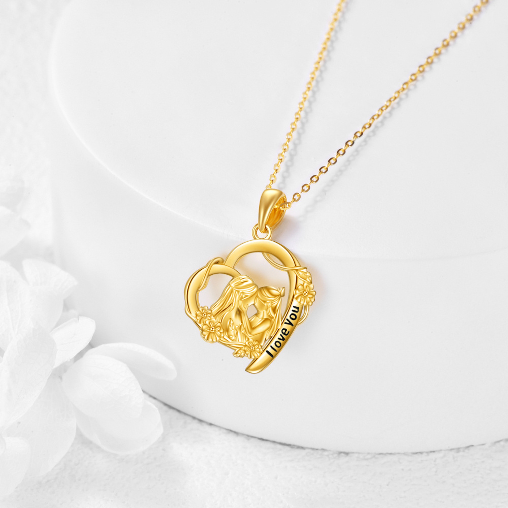 9K Gold Mother & Daughter Heart Pendant Necklace with Engraved Word-3