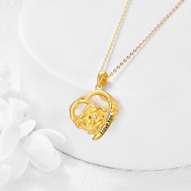 9K Gold Mother & Daughter Heart Pendant Necklace with Engraved Word-3