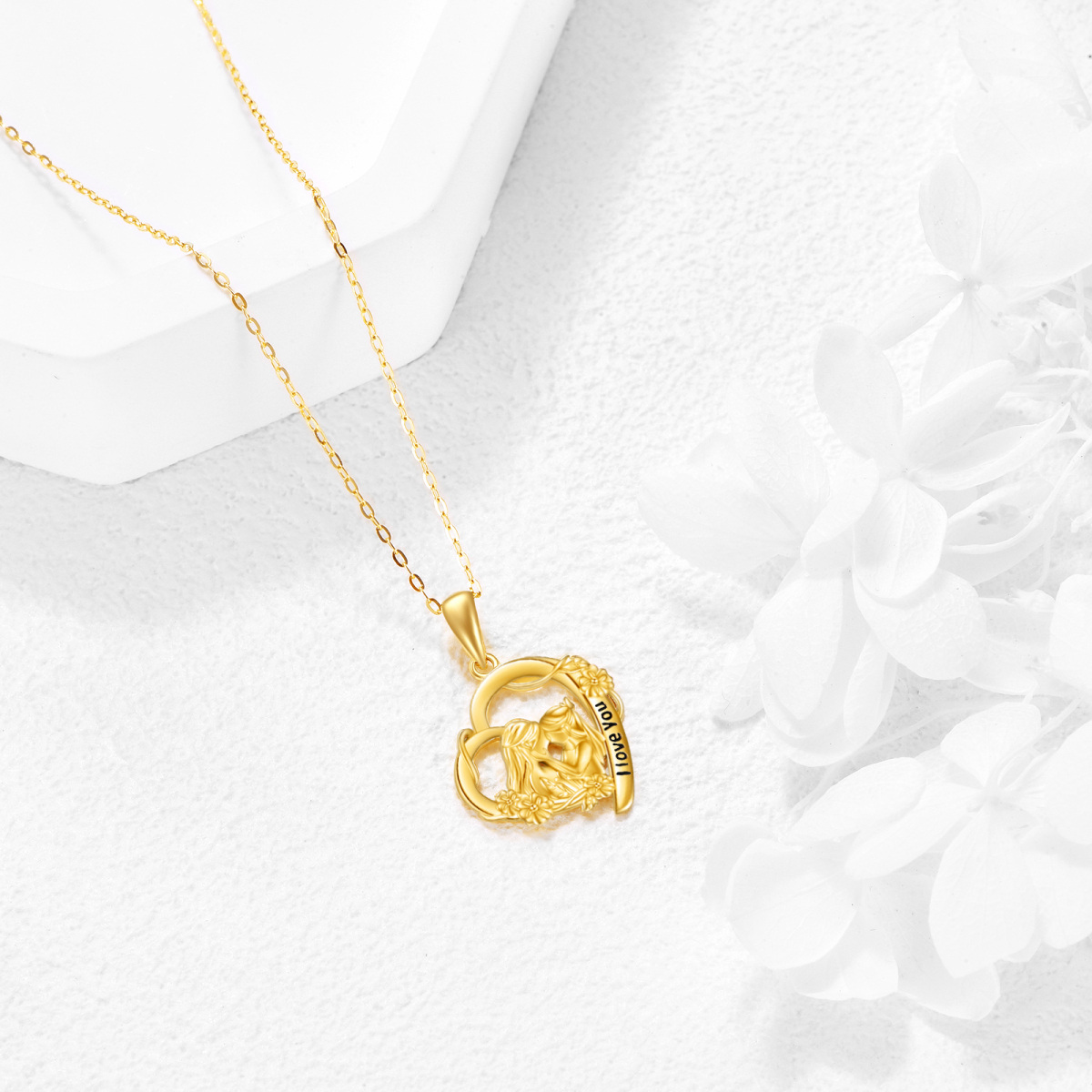 9K Gold Mother & Daughter Heart Pendant Necklace with Engraved Word-4