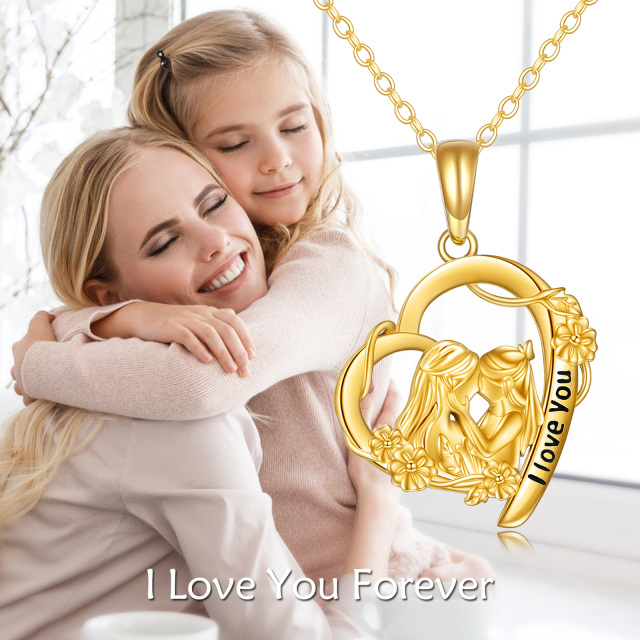 9K Gold Mother & Daughter Heart Pendant Necklace with Engraved Word-6