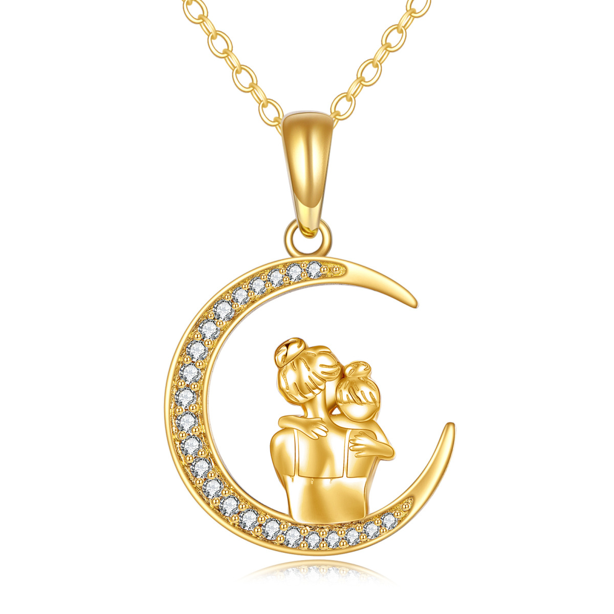 9K Gold Cubic Zirconia Mother & Daughter Moon Pendant Necklace-1