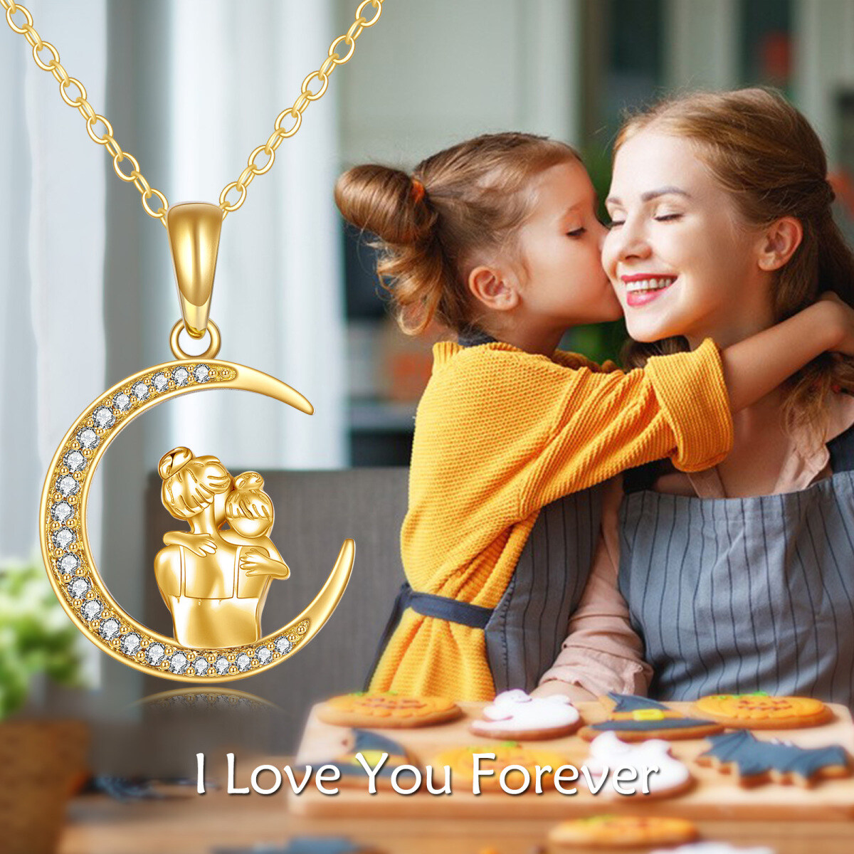 9K Gold Cubic Zirconia Mother & Daughter Moon Pendant Necklace-3