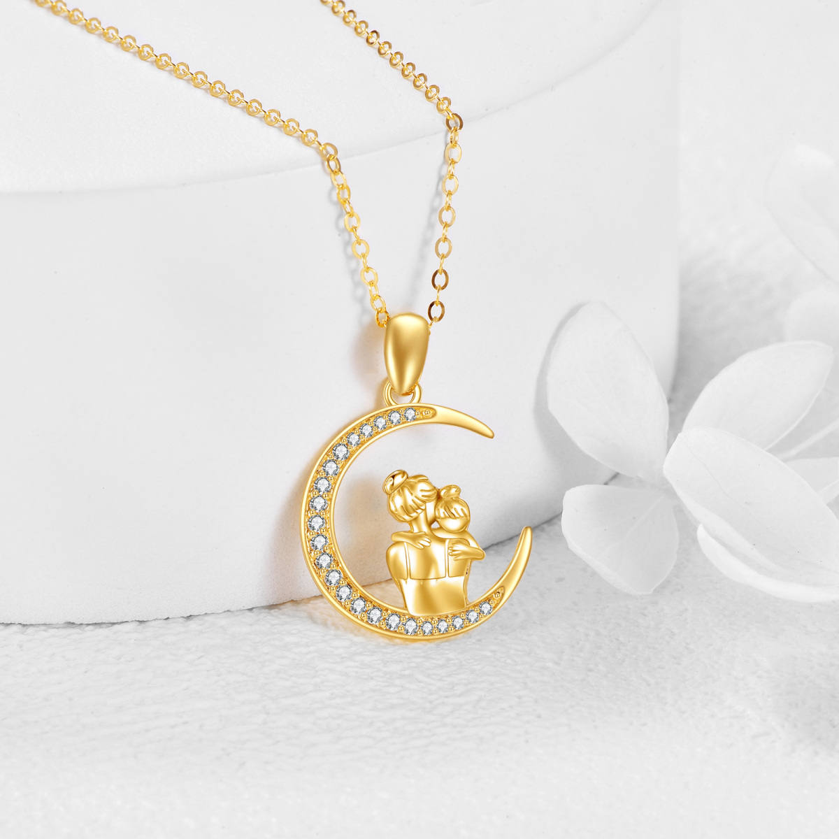 9K Gold Cubic Zirconia Mother & Daughter Moon Pendant Necklace-4