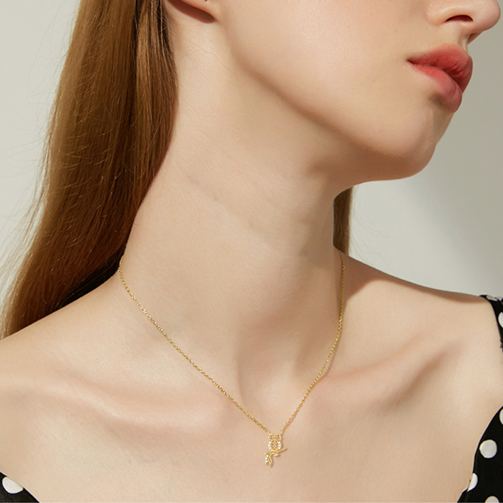 9K Gold Cubic Zirconia Owl Pendant Necklace-2