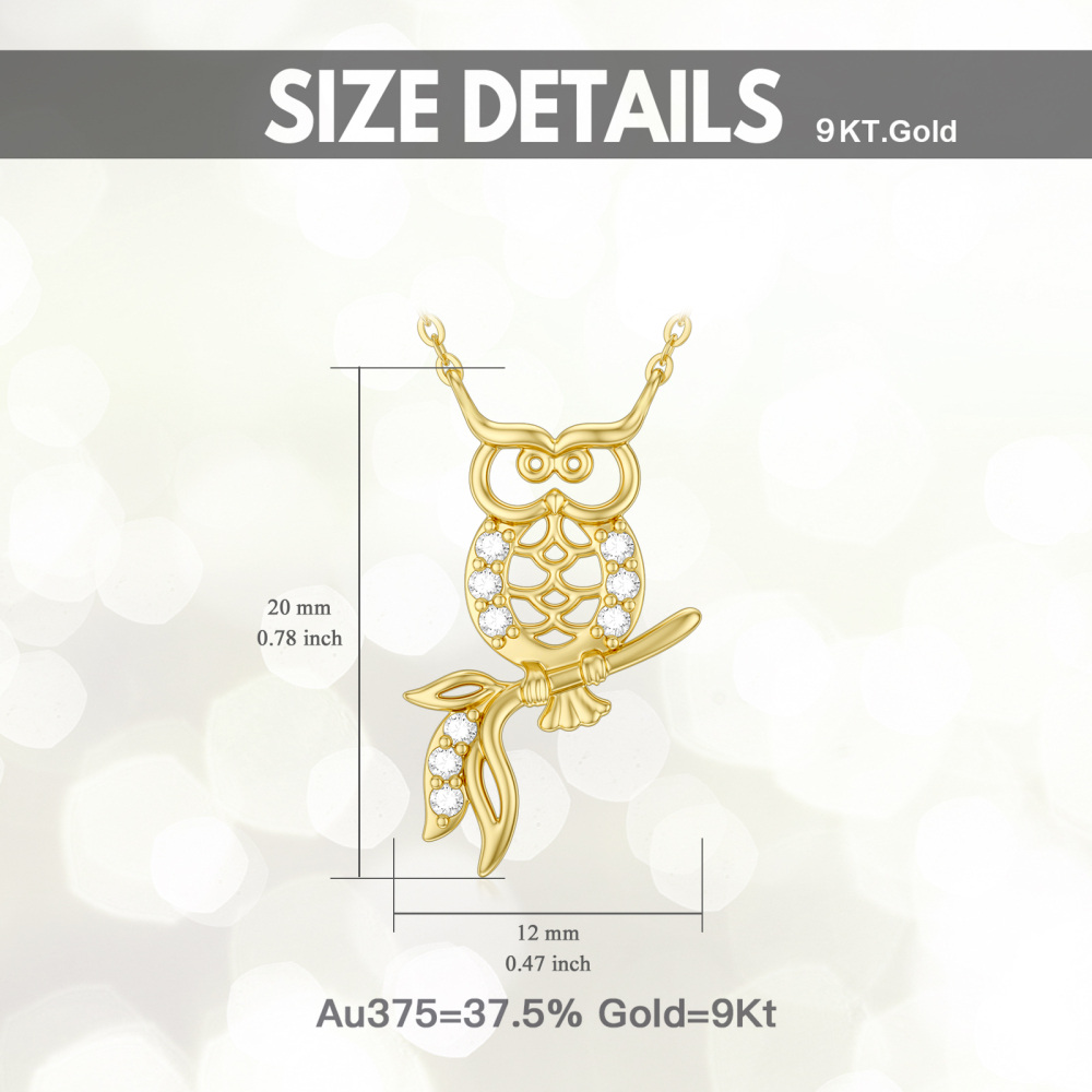 9K Gold Cubic Zirconia Owl Pendant Necklace-4