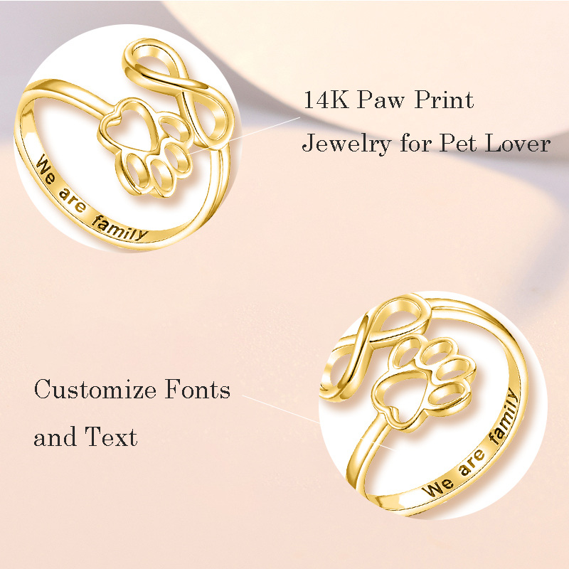 9K Gold Paw & Infinity Symbol Open Ring with Engraved Word-4