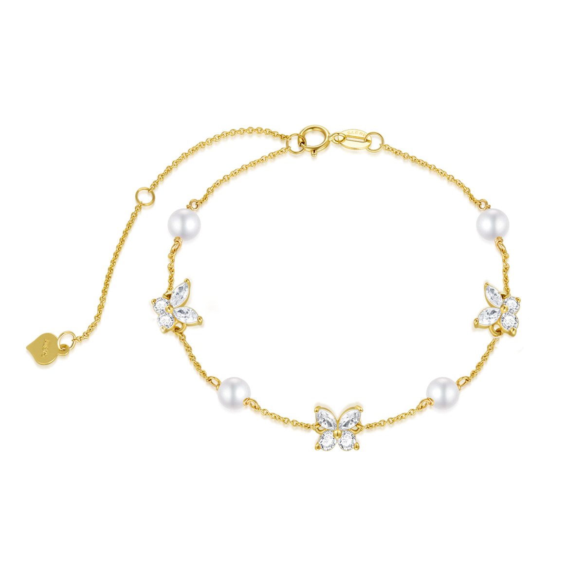 Bracciale con ciondolo a farfalla in oro 9K con perle e zirconi-1