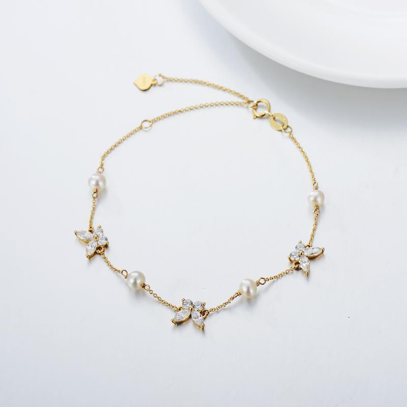 Bracelet en or 9K avec pendentif papillon en perles et zircon cubique-3