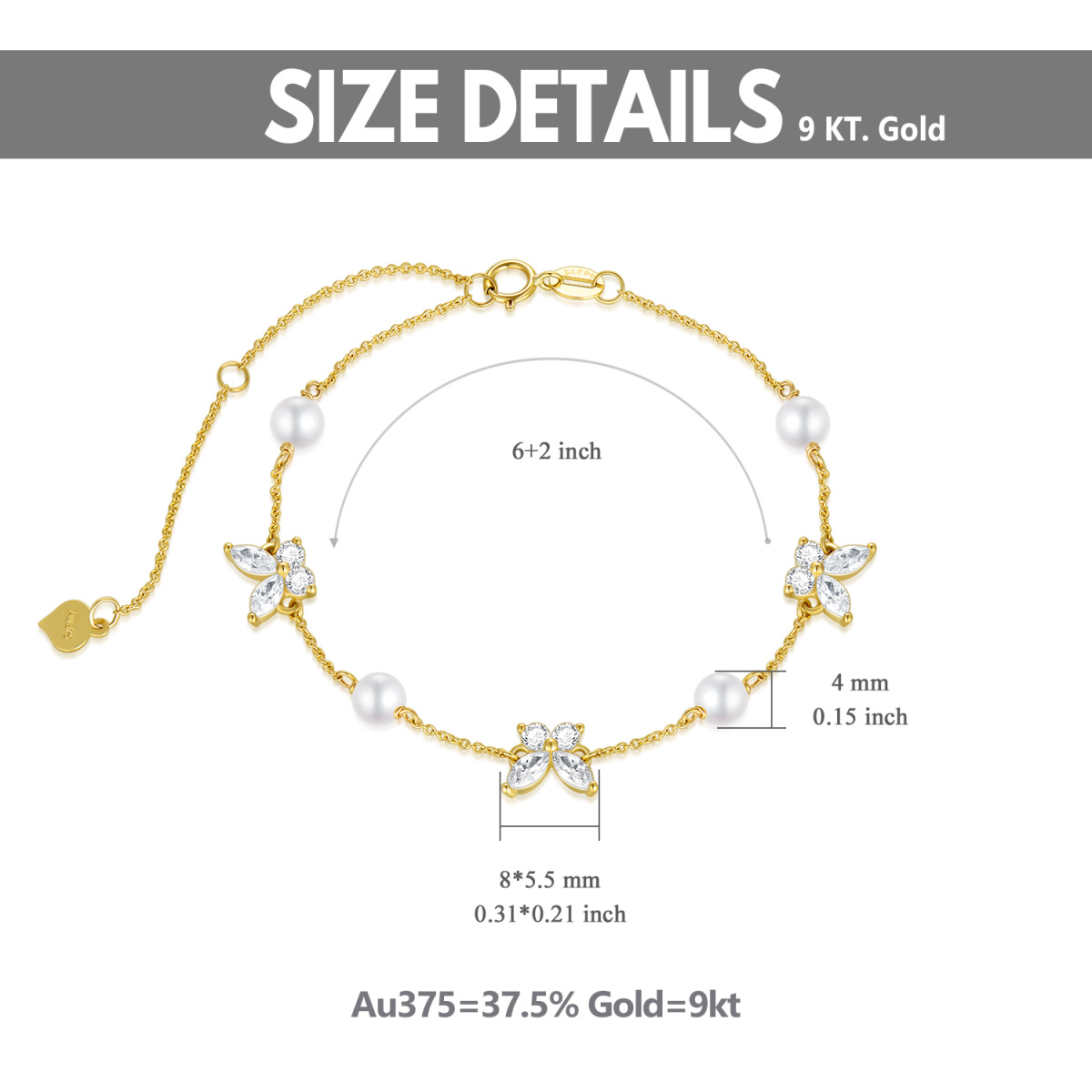 Bracciale con ciondolo a farfalla in oro 9K con perle e zirconi-6