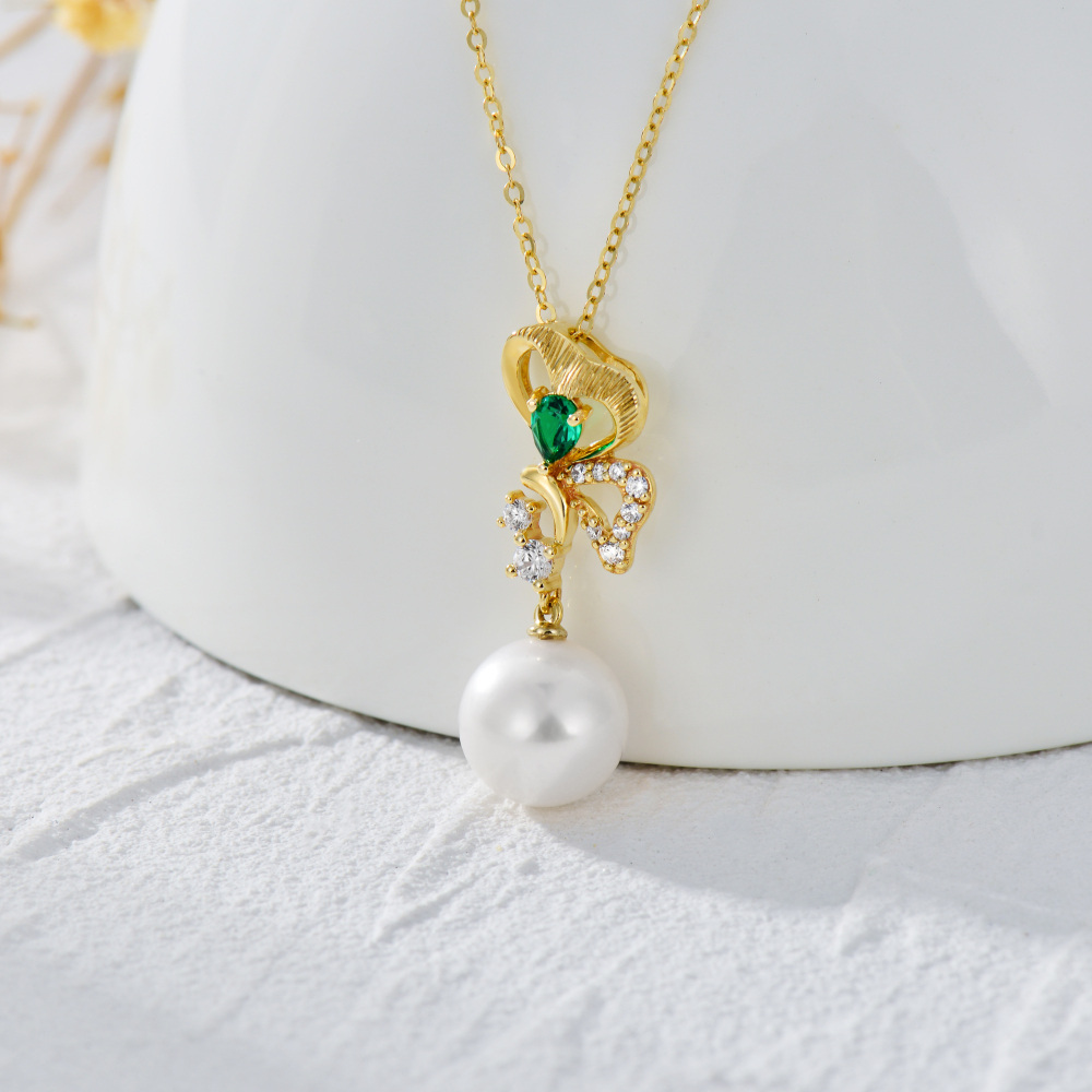 9K Gold Pearl Butterfly Pendant Necklace-3