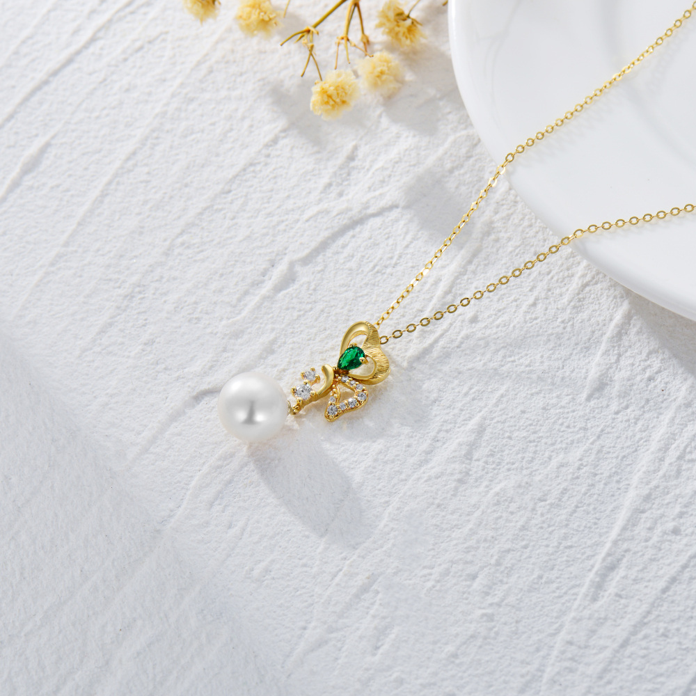 9K Gold Pearl Butterfly Pendant Necklace-4