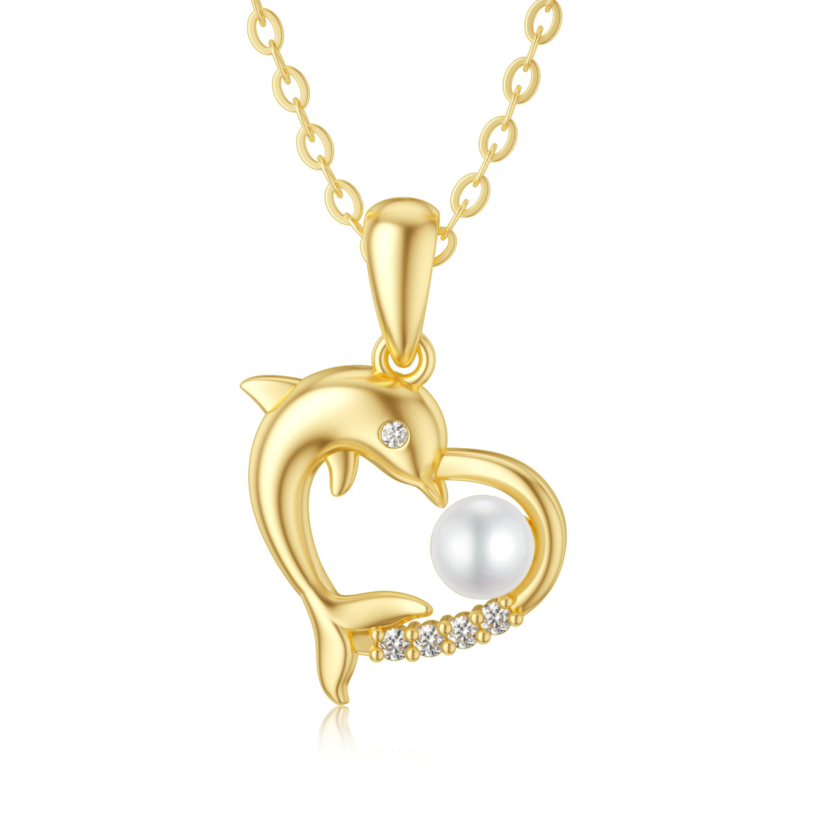 9K Gold Round Pearl With Cubic Zirconia Dolphin & Heart Pendant Necklace For Women-1